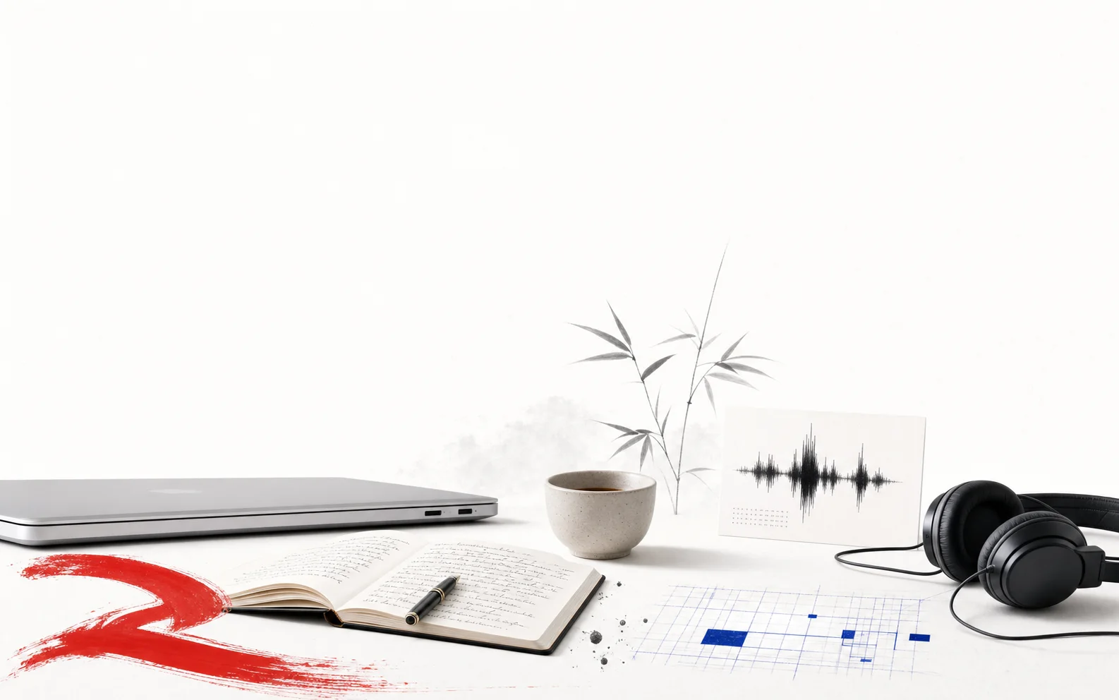 Minimal still-life visual representing software, music, writing, and studio practice